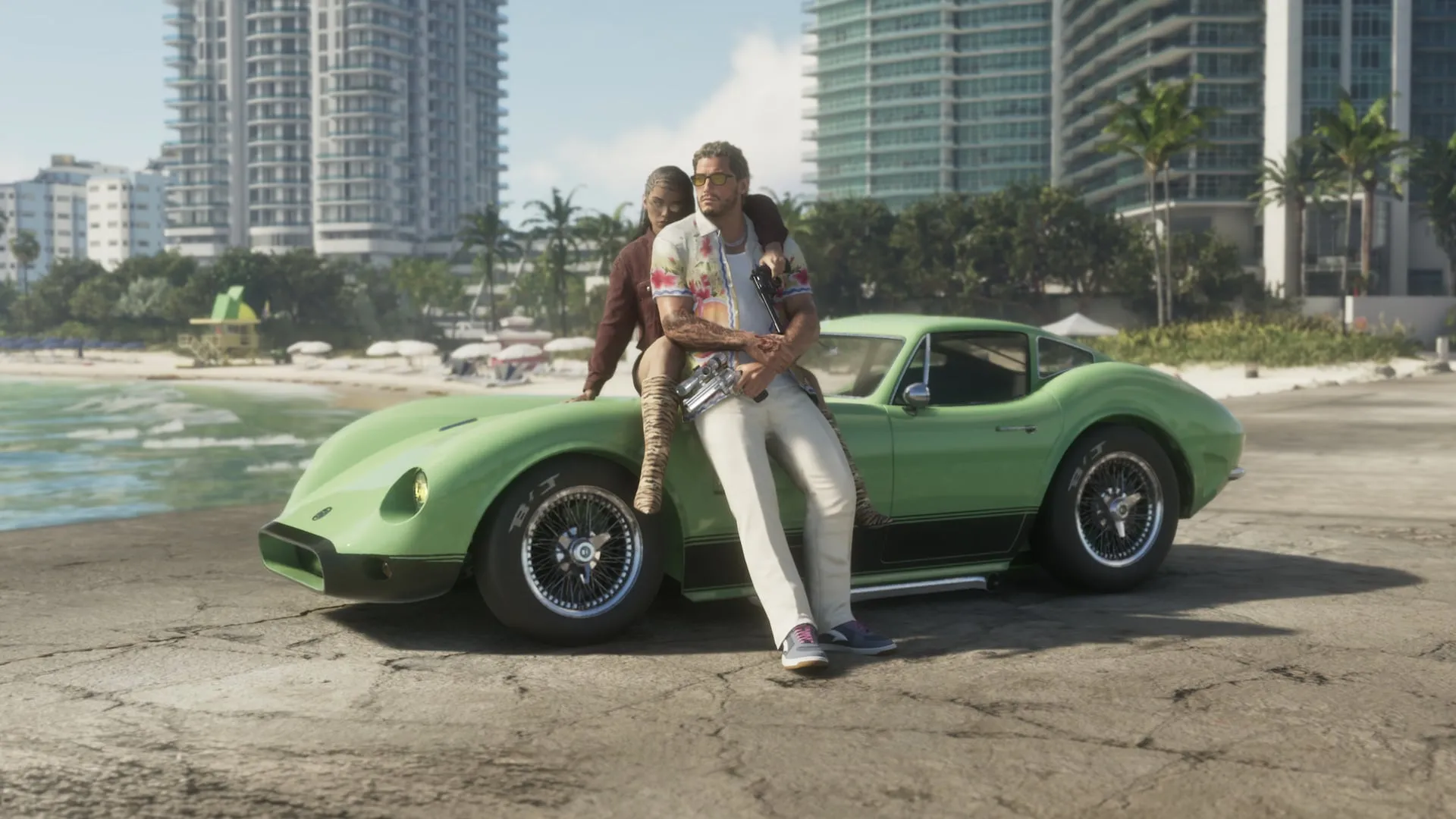 Couple leaning on a green sports car parked on the beach