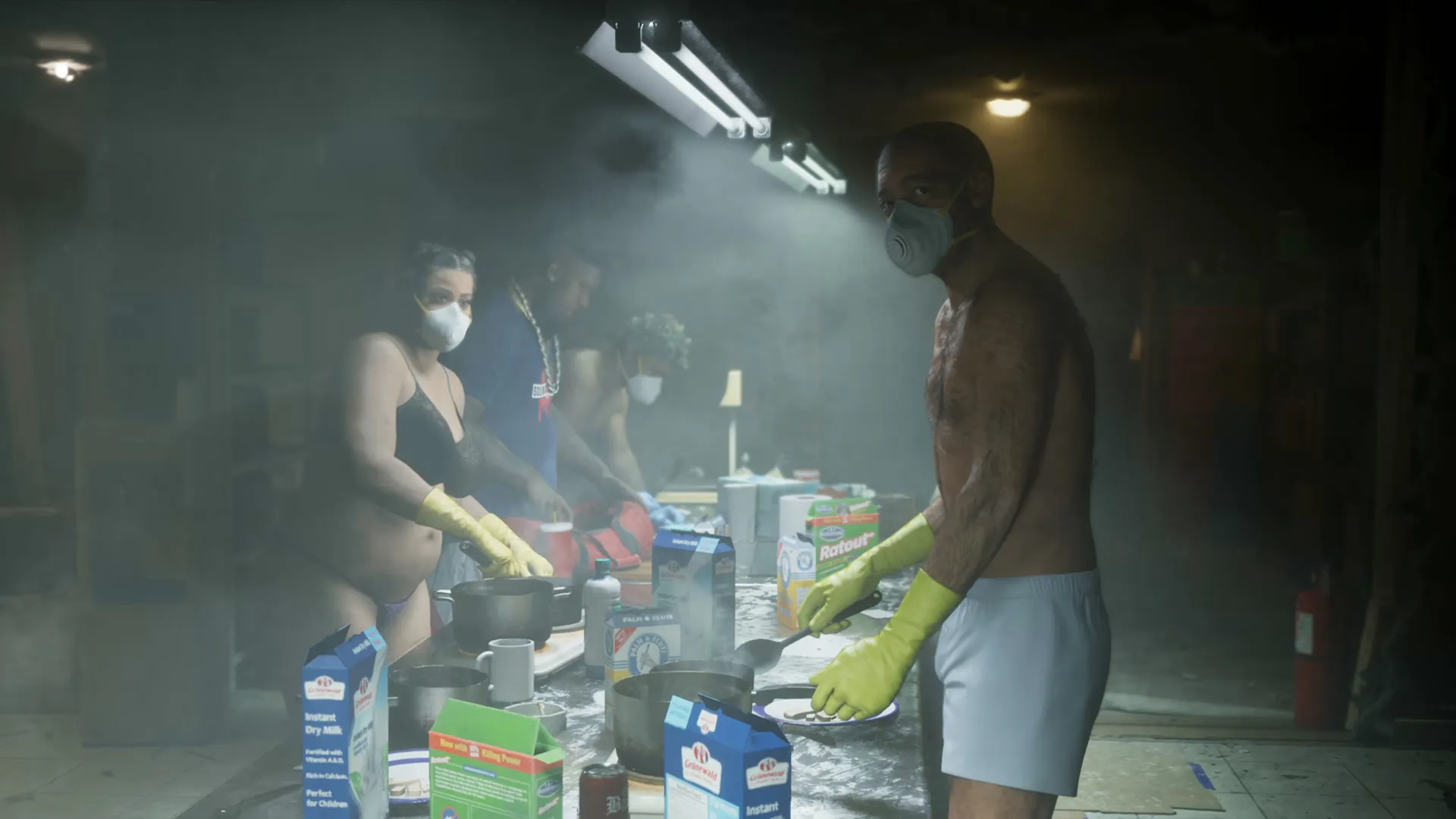 Masked workers cook at a long table in a smoky drug lab