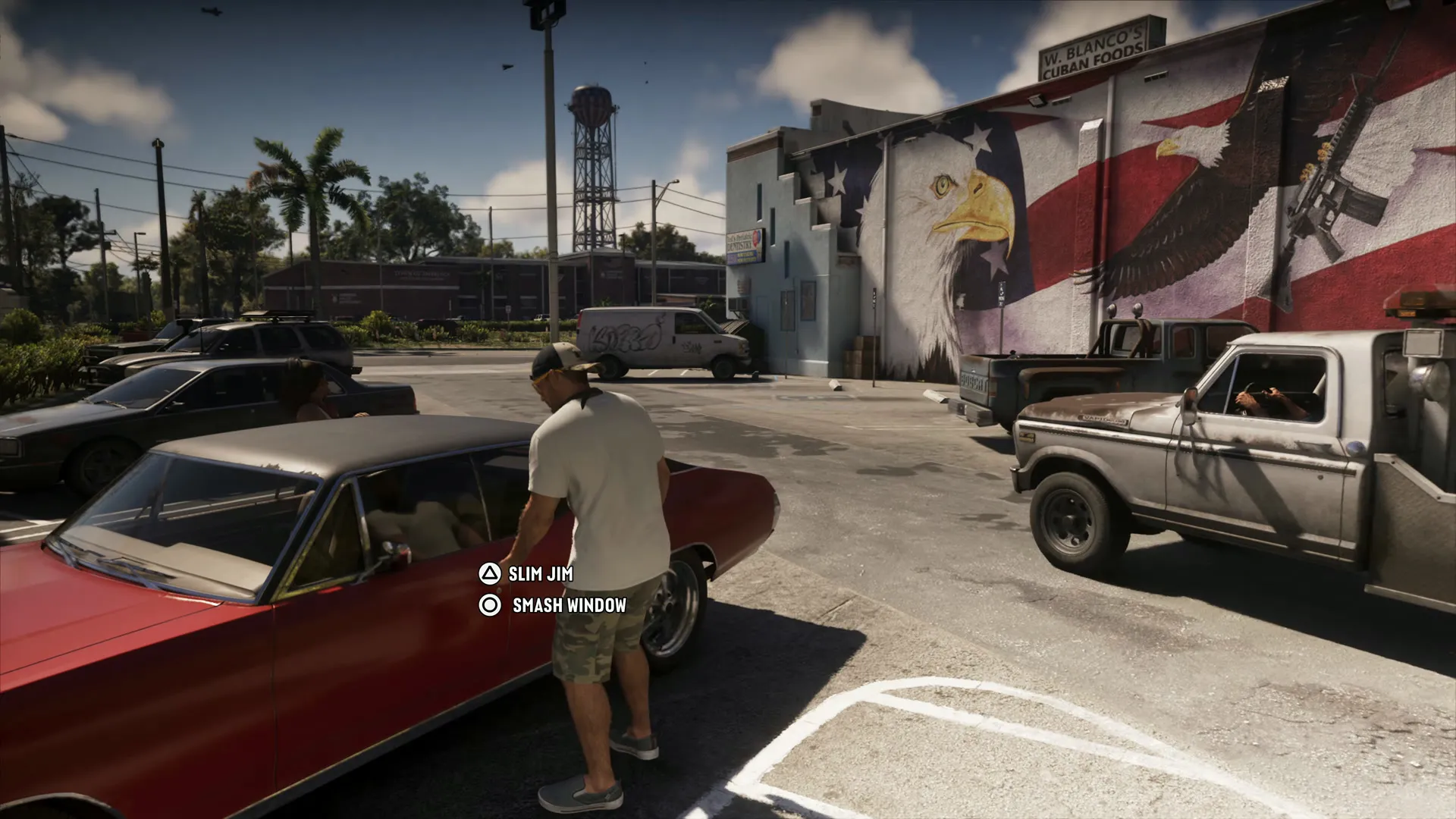 Jason breaks into a red sedan outside a car park with a Slim Jim prompt on screen as a tow truck rolls past
