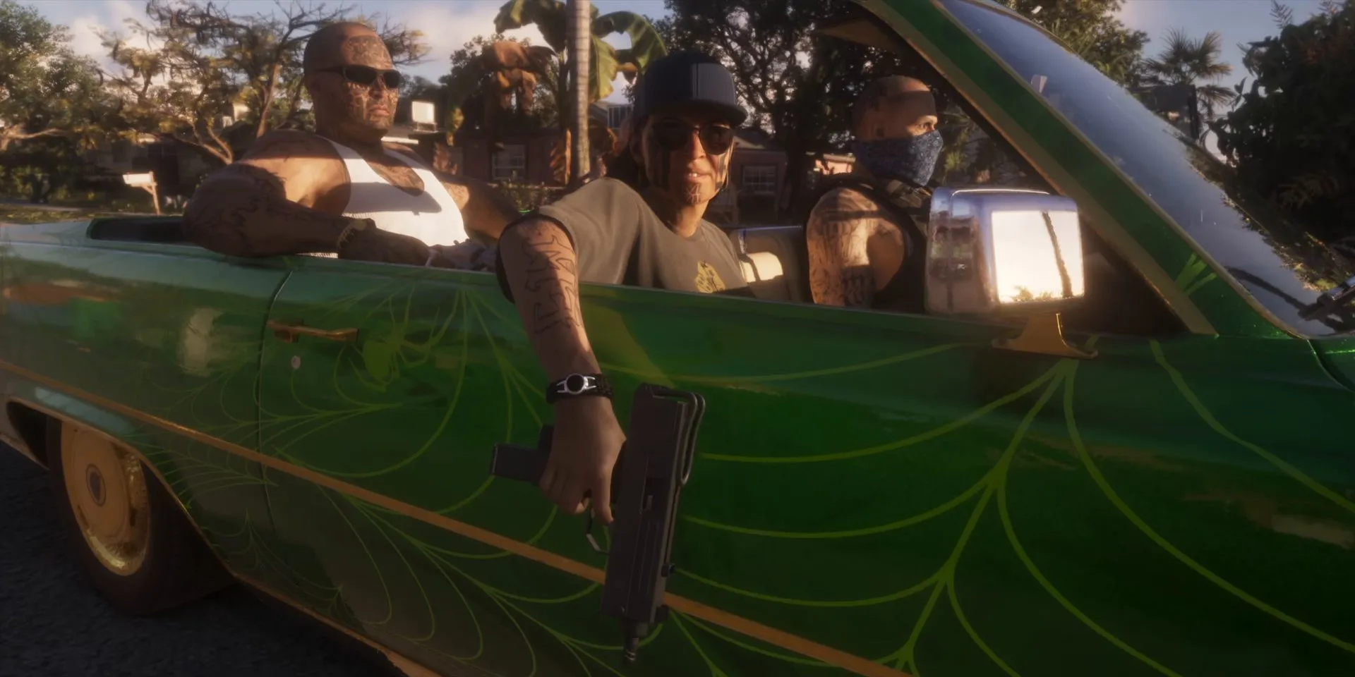 Three men ride in a green lowrider convertible, one holding a pistol out the side