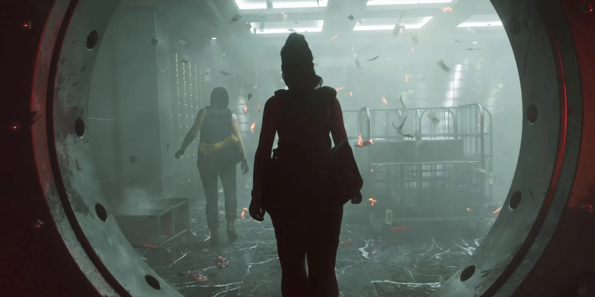 Two women walk through a round vault door into a misty room