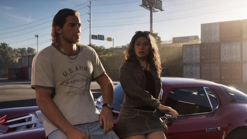 Man in a U.S. Army T-shirt and a woman leaning on a red sports car near stacked shipping containers