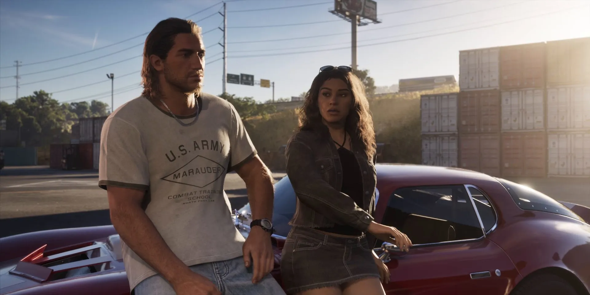Jason in a U.S. Army T-shirt and Lucia lean on a red sports car near shipping containers