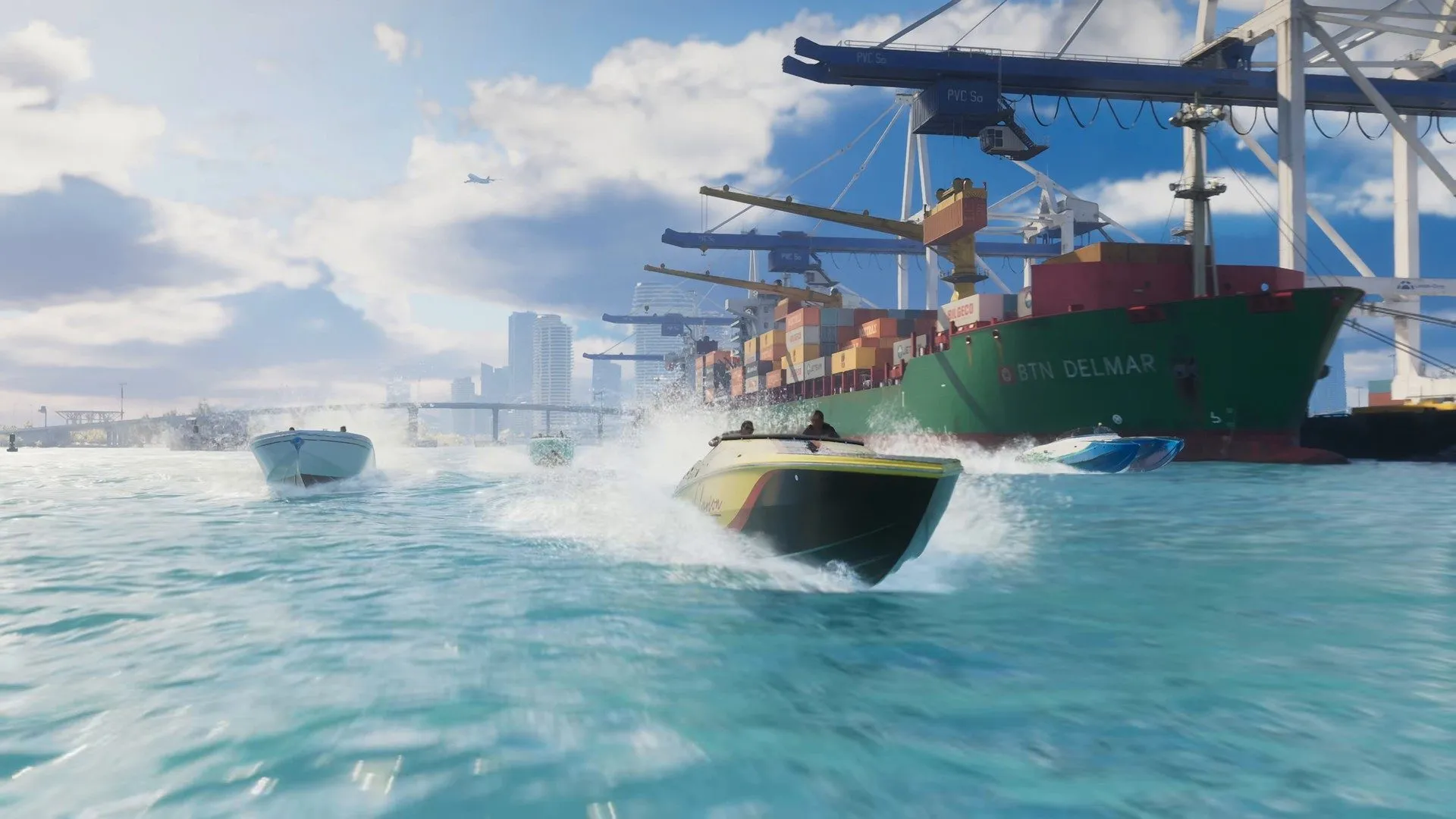 A speedboat races past a container ship and port cranes