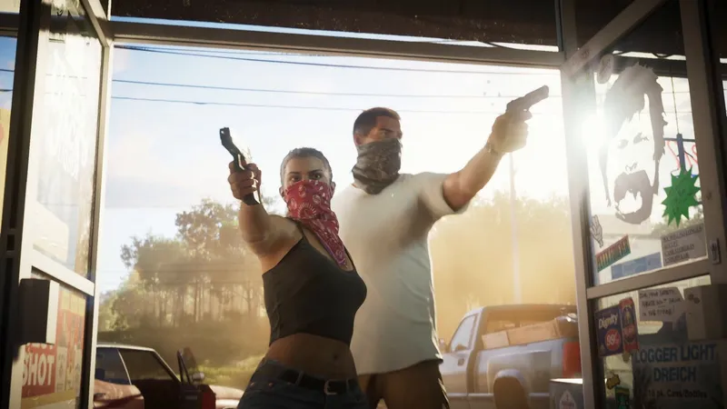 Woman and man in bandana masks aiming handguns from a store doorway, sunlight behind them
