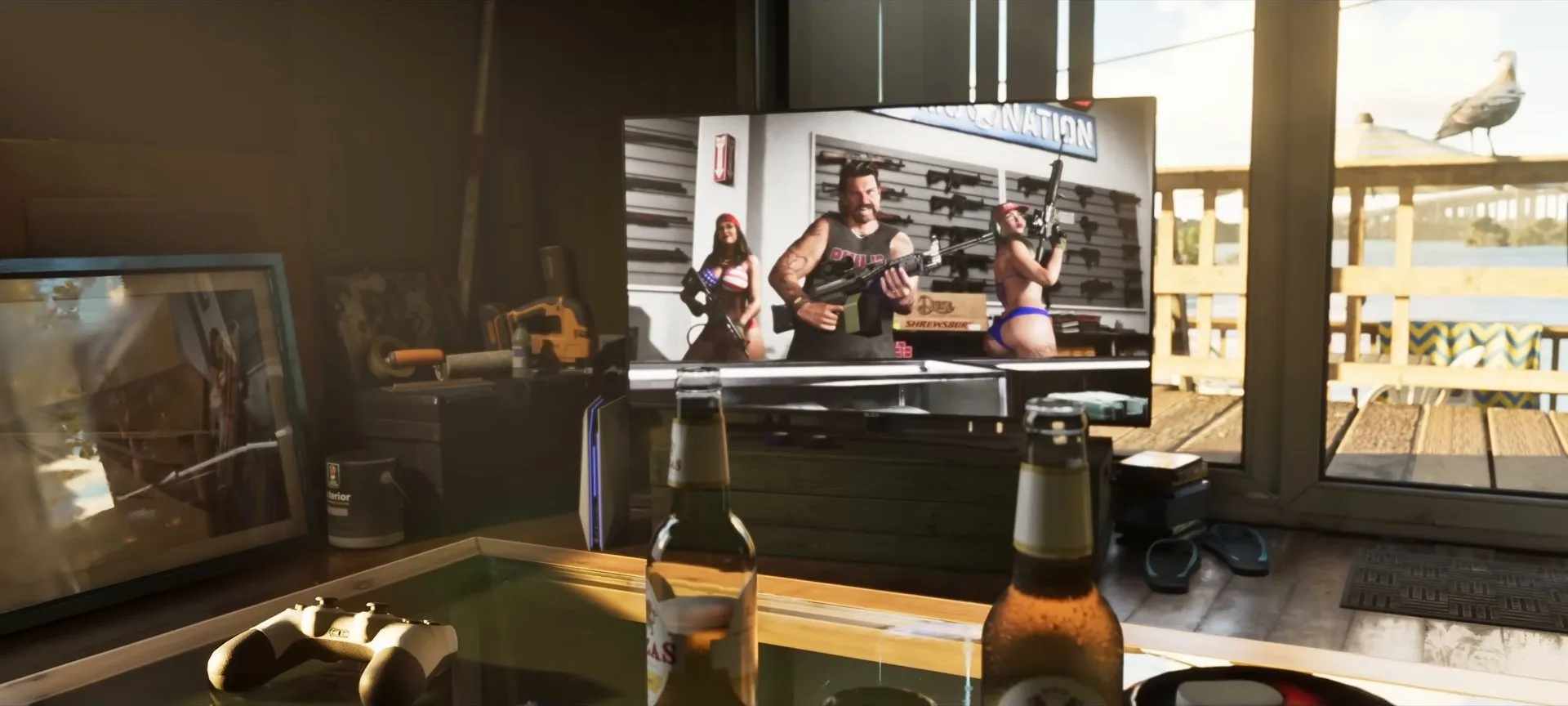 A living-room TV shows a gun store ad with a man holding a machine gun