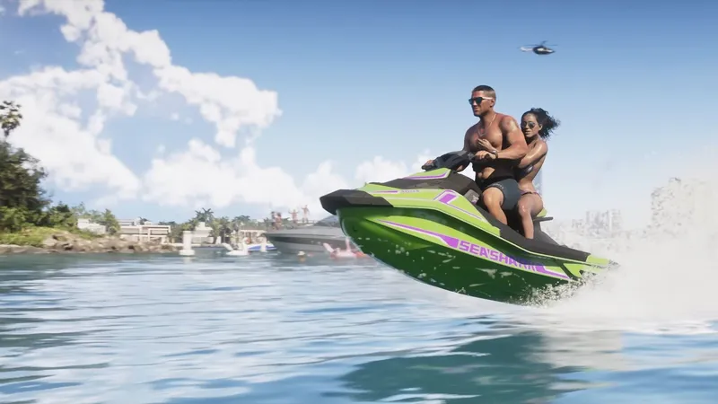 Couple riding a green jet ski across bright blue water, palm trees and a tower behind
