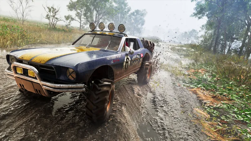 An off-road truck splashing through mud in the Leonida backcountry