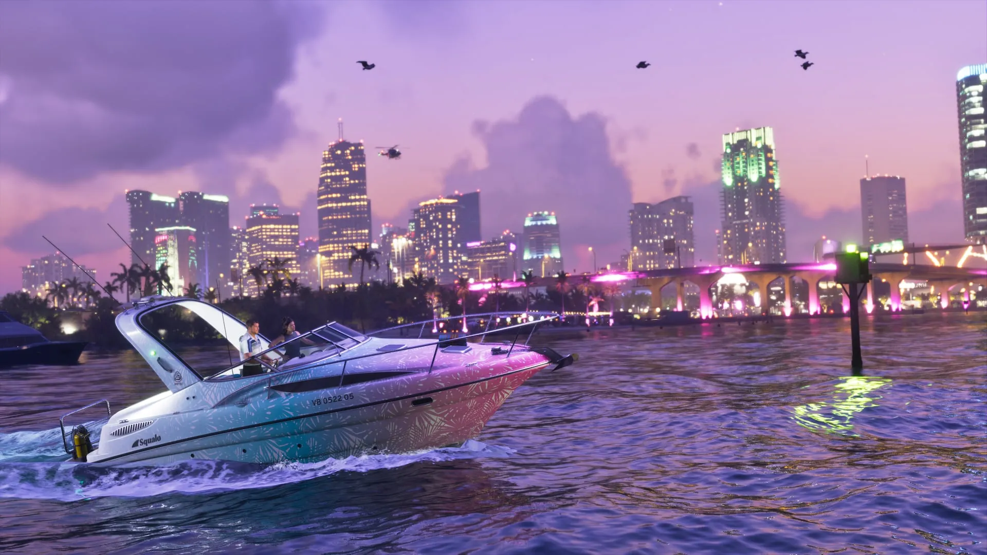 A speedboat crossing the bay at dusk with the Vice City skyline behind