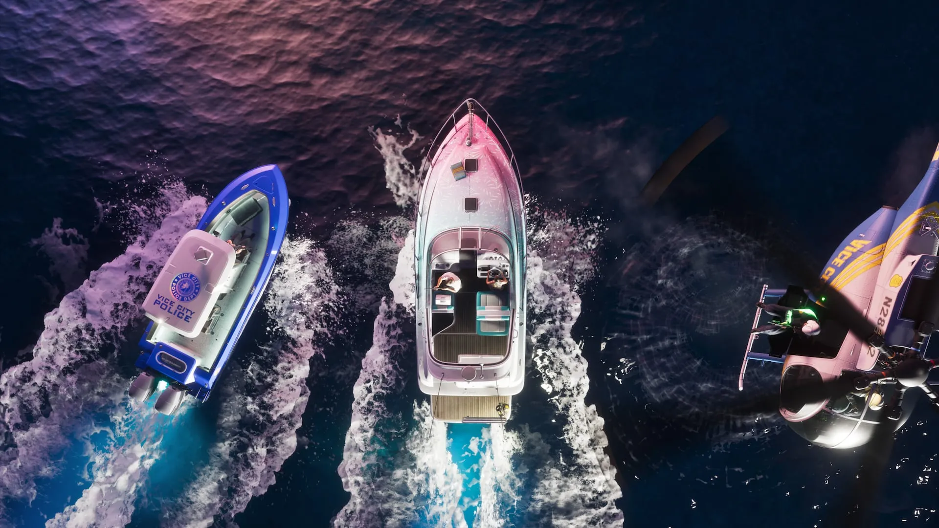 Aerial view of two speedboats racing across blue water