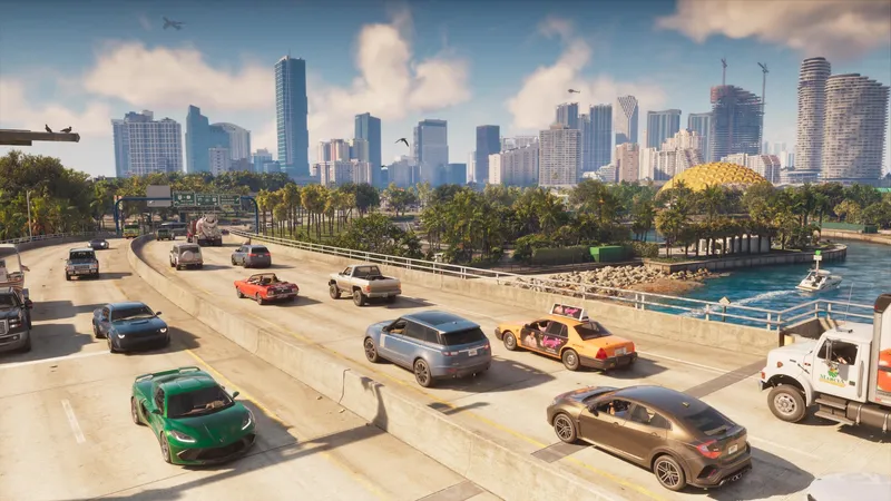 Traffic on a sunny highway with the Vice City skyline behind
