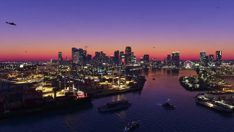 Vice City skyline lit up at night across the bay