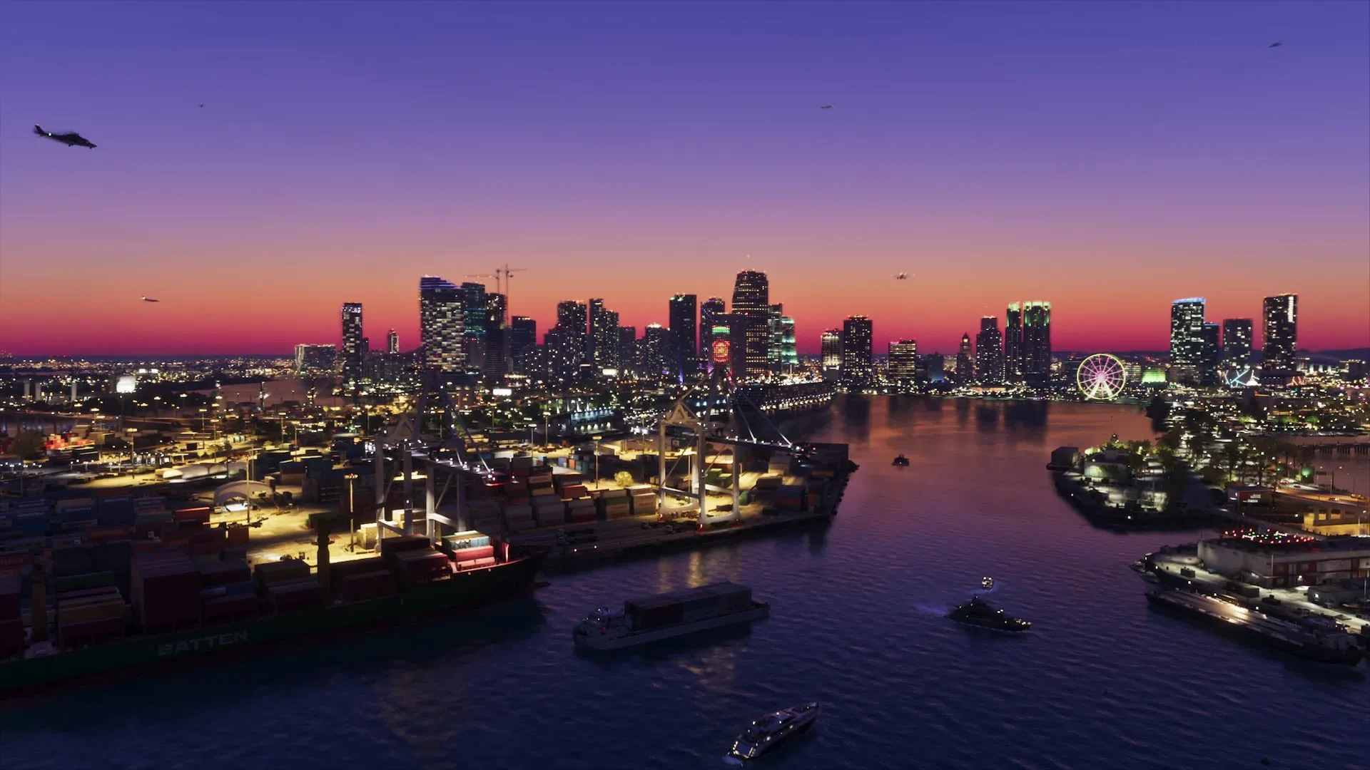 Vice City skyline lit up at night across the bay