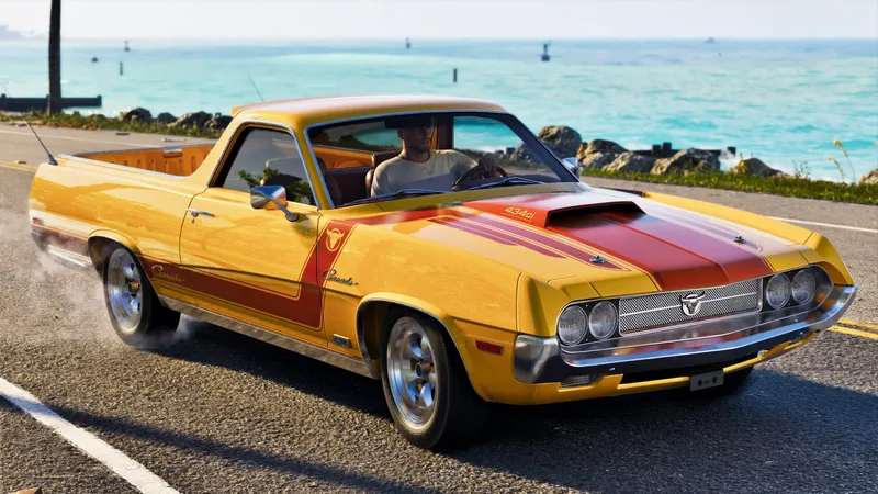 A yellow pickup truck cruising the Leonida coast
